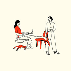 Two women in an office setting, one working on a laptop and the other standing vector illustration