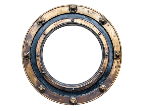 Vintage brass porthole with black frame, transparent background, nautical design element, isolated, round shape, metallic texture, steampunk style, industrial design, maritime decor,