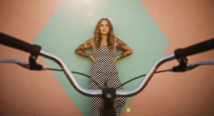 Stylish Woman in Checkered Jumpsuit Leaning Against a Vibrant Wall with Bicycle Handlebar in Foreground