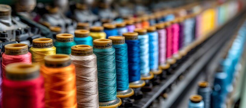 Rows of colorful thread spools arranged on an industrial sewing machine setup