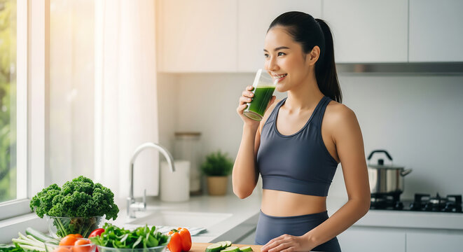 A woman drinking green juice in her kitchen after a healthy morning workout