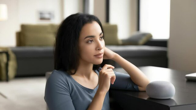 Woman in a modern living room engaging in quiet reflection with a smart speaker nearby