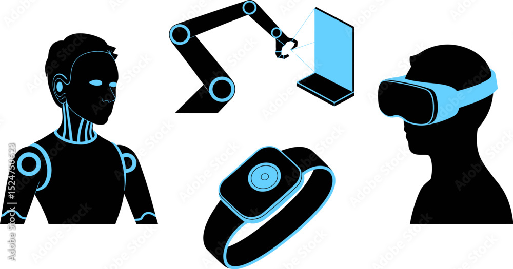 Poster exploring future technology ai robot vr augmented reality wearable devices automation and innovation
