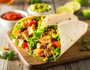 Freshly Wrapped Burritos with Colorful Fillings on Rustic Wooden Table

