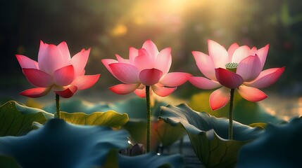 Three lotus flowers in sunrise light