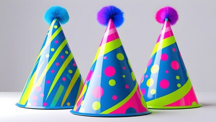 Colorful Party Hats with Neon Stripes and Polka Dots on White Background

