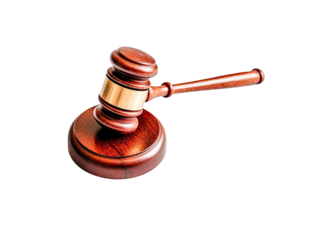 Gavel on wooden sound block, isolated on transparent background, close-up view, legal concept, justice, law, authority, decision, verdict, courtroom, brown, mahogany, gold