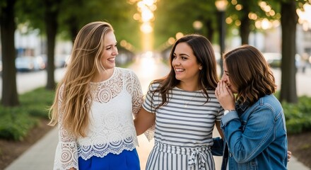 Three Smiling Women Sharing a Secret on a Sunlit Path, Friendship and Joy