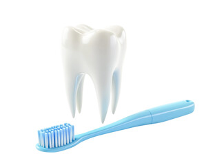 Healthy white tooth with blue toothbrush on transparent background, dental hygiene concept, oral care, clean teeth, bright, shiny, healthy smile, 3D rendering,
