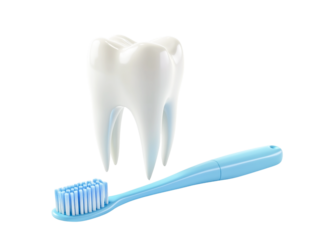 Healthy white tooth with blue toothbrush on transparent background, dental hygiene concept, oral care, clean teeth, bright, shiny, healthy smile, 3D rendering,