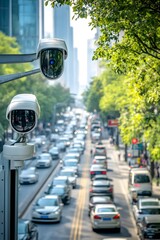 smart traffic monitoring camera in city, AI data shown,