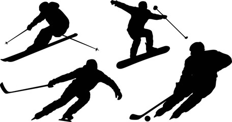 Fototapeta premium Winter sports silhouette collection skiing snowboarding hockey vector illustration isolated design 100 editable stock vector illustration