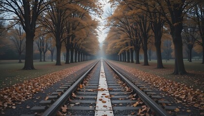 Fototapeta premium Railway tracks through autumn park with fall foliage and trees
