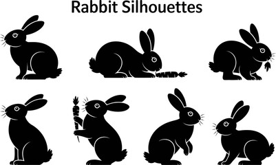 Various black rabbit silhouettes in different poses eating carrots vector art