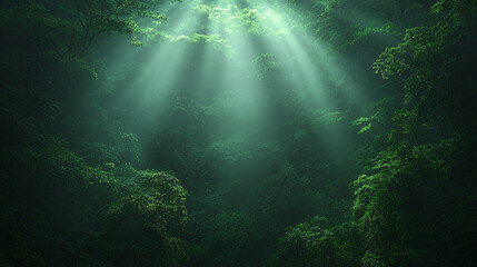 Fototapeta premium A mystical forest scene with soft light filtering down from above illuminating the lush greenery.