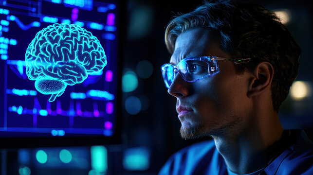 Focused doctor analyzes digital brain scan on monitor, highlighting AI powered diagnostic tools - Powered by Adobe