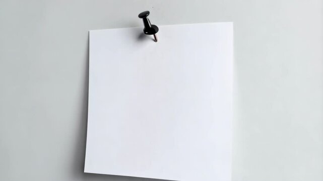 Blank white square paper pinned to a white wall with a black pushpin for notes or messages. Mockup template and studio shot.