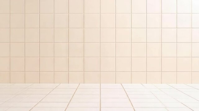 Neutral beige square tiles covering a wall and floor surface with grout lines, creating a clean interior bathroom or kitchen background.