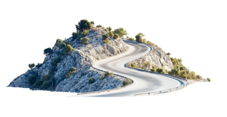 Winding mountain road with guardrail, scenic landscape, transparent background