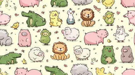 Obraz premium Repeat.Seamless pattern of cute animals in various poses and greeting background.Wild animal. Crocodile,lion,chick,sheep,parrot,bear,pig hand drawn.Kawaii.Vector.Illustration.