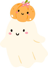 Cute Ghost with Pumpkin on Head Illustration, Kawaii Halloween Clipart

