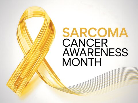 Sarcoma Cancer Awareness Month Graphic with Gold Ribbon and Text