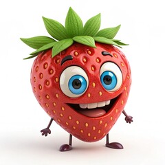 Obraz premium Cheerful Strawberry Cartoon Character with Big Eyes on a White Background