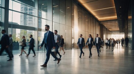 Long exposure shot of crowd of business people walking in bright office lobby fast moving with blurry, Generative AI