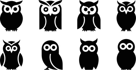 Collection of eight stylized owl icons in black on a white background
