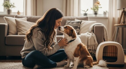 Woman and Dog Sharing Tender Moment in Cozy Living Room