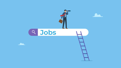Businessman climb up ladder of job search bar with binoculars to see opportunity. Concept of looking for new job, employment, career or job search, find opportunity, seek for vacancy or work position.