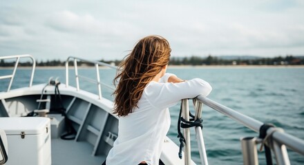 Woman Contemplating Ocean View from Boat Rail