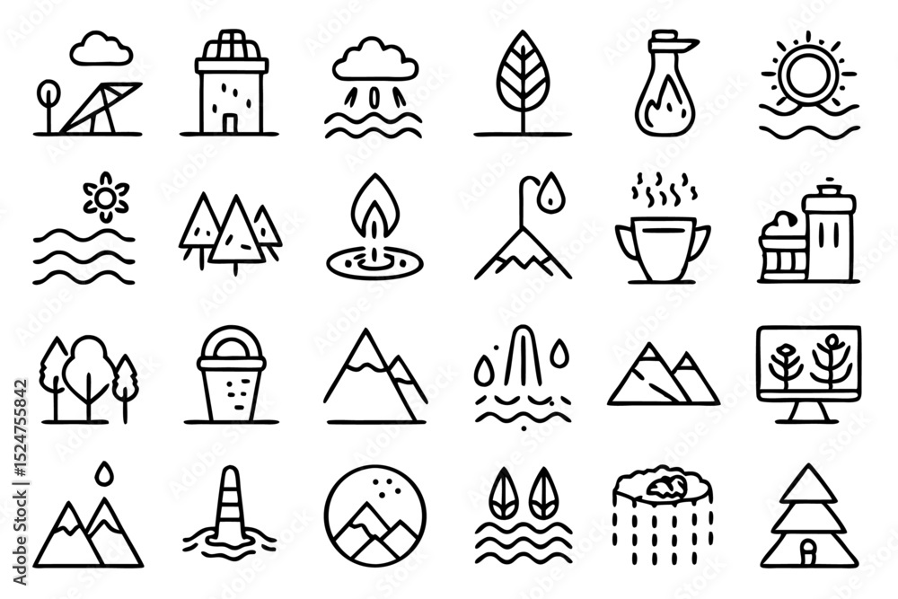 Poster waterfall river lake stream line icons set isolated on transparent background