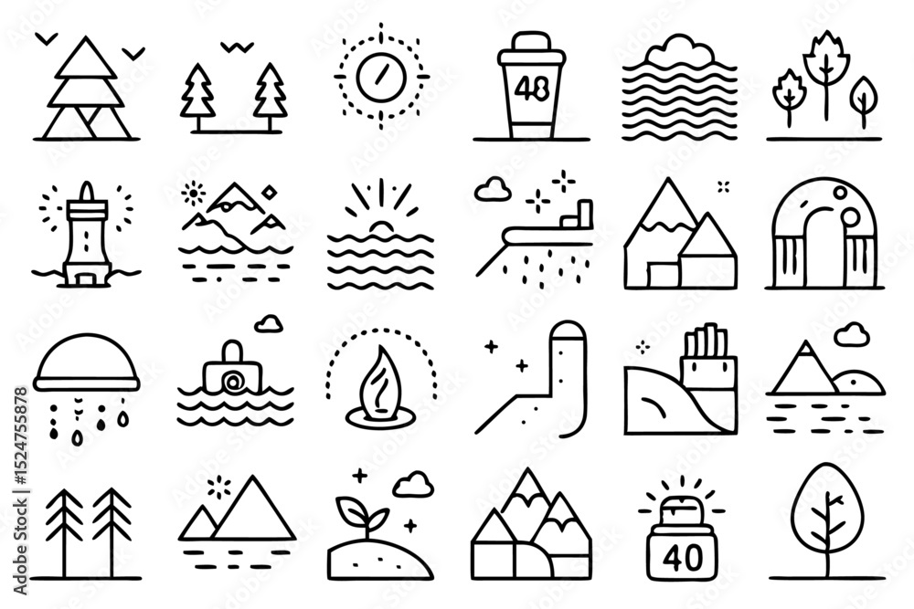 Poster collection of line icons depicting water features isolated on transparent background