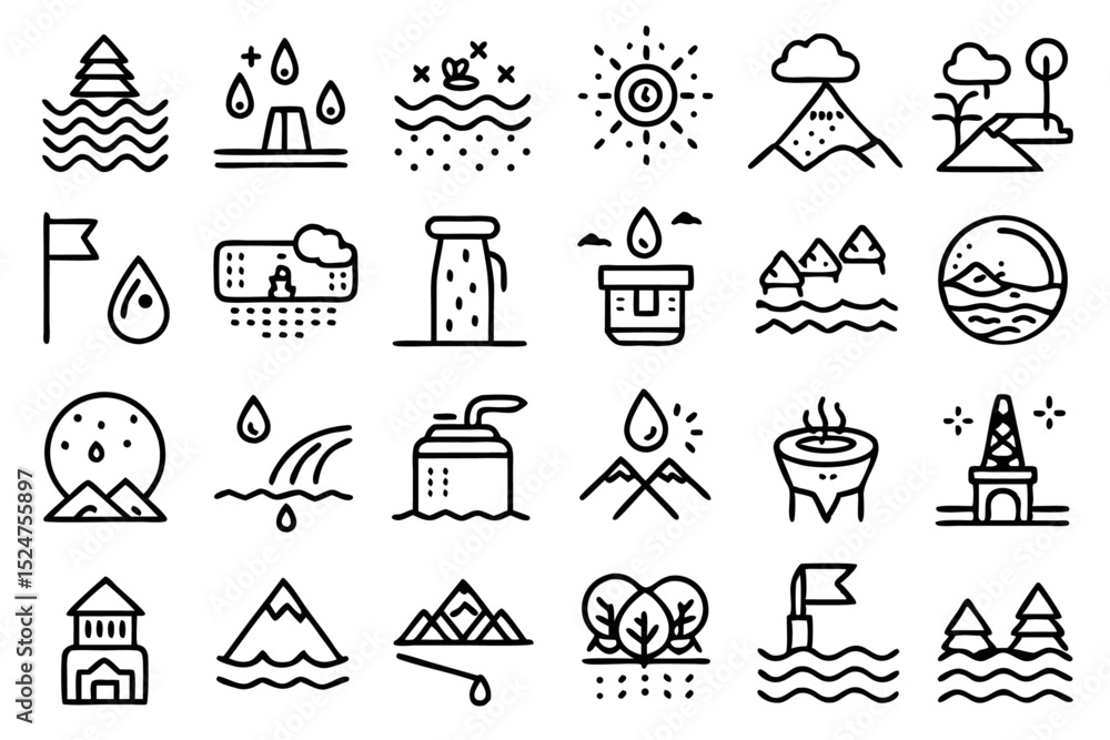Poster waterfall river lake stream line icons set isolated on transparent background