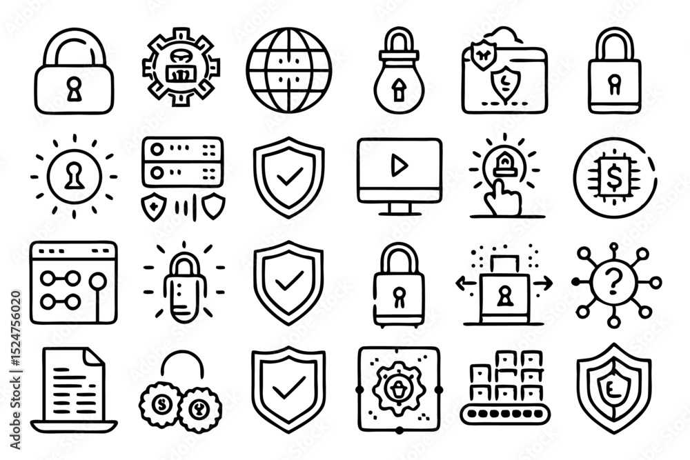 Poster web security safety password line icons set isolated on transparent background