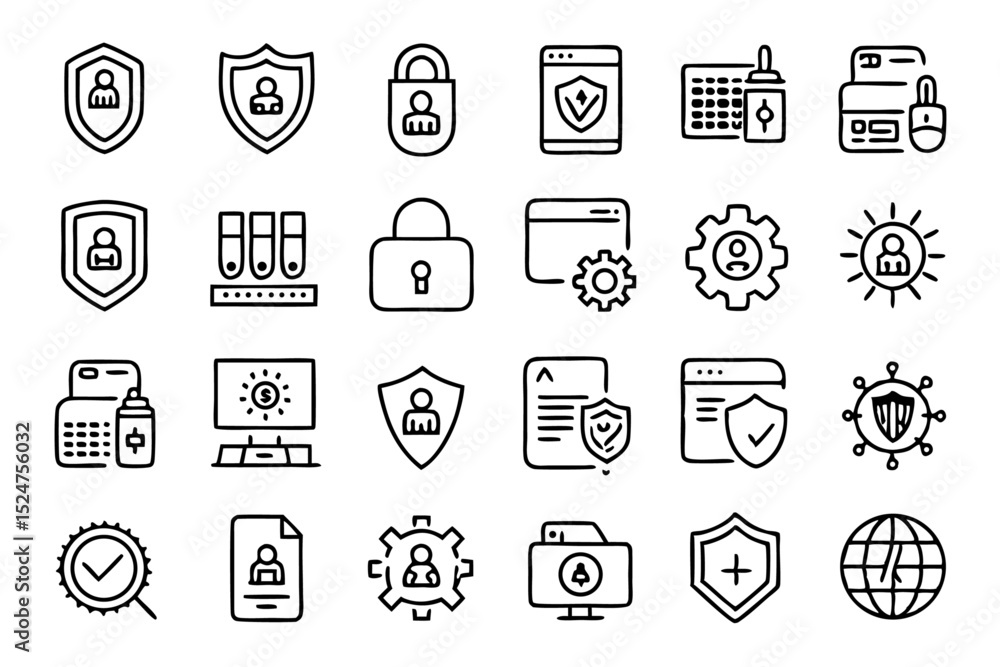 Poster collection of line icons related to web security safety and password protection isolated on transpar