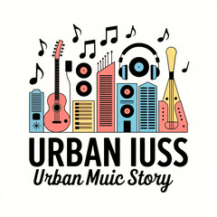 Obraz premium Urban music story logo design with instruments and cityscape