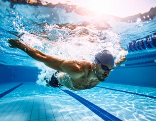 Person Swimming Underwater in Clear Blue Pool with Sunlight Beams

