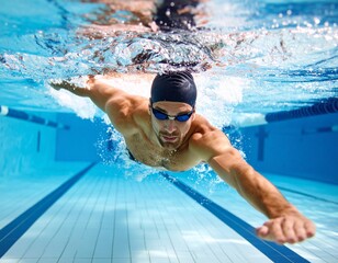 Person Swimming Underwater in Clear Blue Pool with Sunlight Beams

