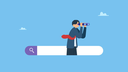 Businessman with spyglass or binoculars on search bar. Search and discovery career or job opportunity, looking for job vacancy, marketing insight, find new success, research or observation.