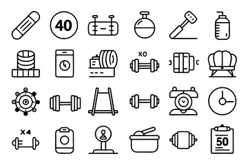 Fototapeta premium Weight lifting gym barbell line icons set isolated on transparent background