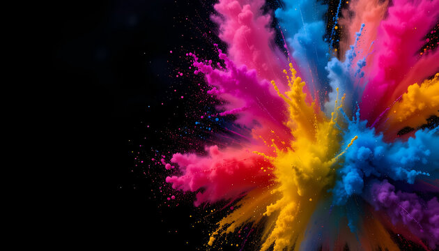 Explosive Burst of Vibrant Colorful Powder on Black Background - Dynamic Abstract Art for Celebrations