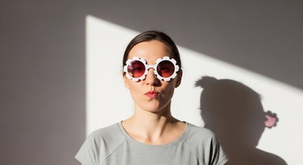 Woman in Grey Shirt Wearing Retro Flower Sunglasses Casts Shadow
