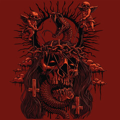 dragon with a skull on a red background