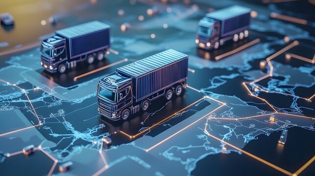 cross-country delivery route map in 3D, supply chain concept,