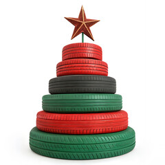 Sustainable Christmas: An artistic Christmas tree crafted from recycled vehicle tire and adorned with a star, promoting sustainable holidays, ecological awareness and creative repurposing.