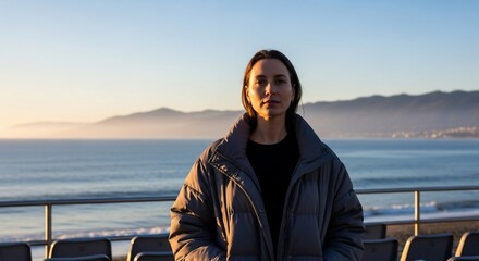 Woman in puffer jacket stands by the ocean at sunrise, mountains in background.