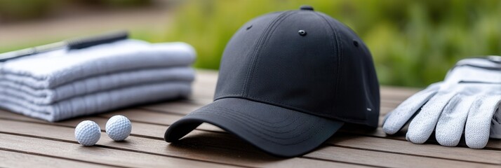 Black cap and golf accessories set on wooden table outdoors.
