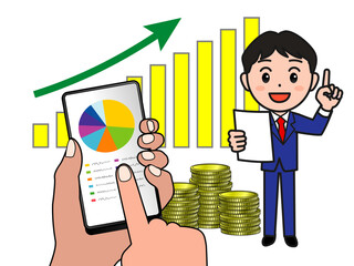 弐A：NISA資産成長アプリをプレゼンする若い投資家男子_CS3